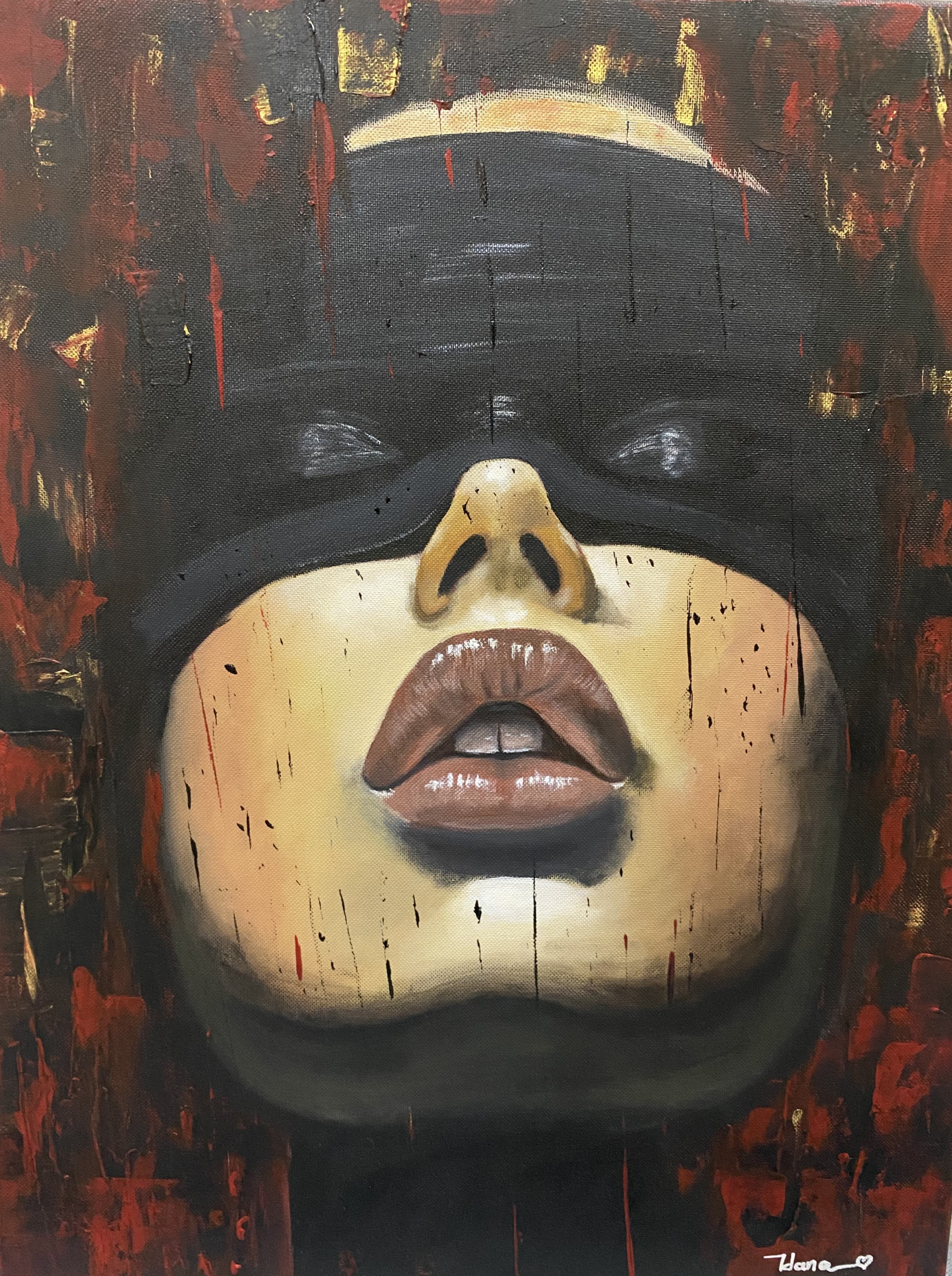 Portrait of a woman with a black blindfold and glossy lips