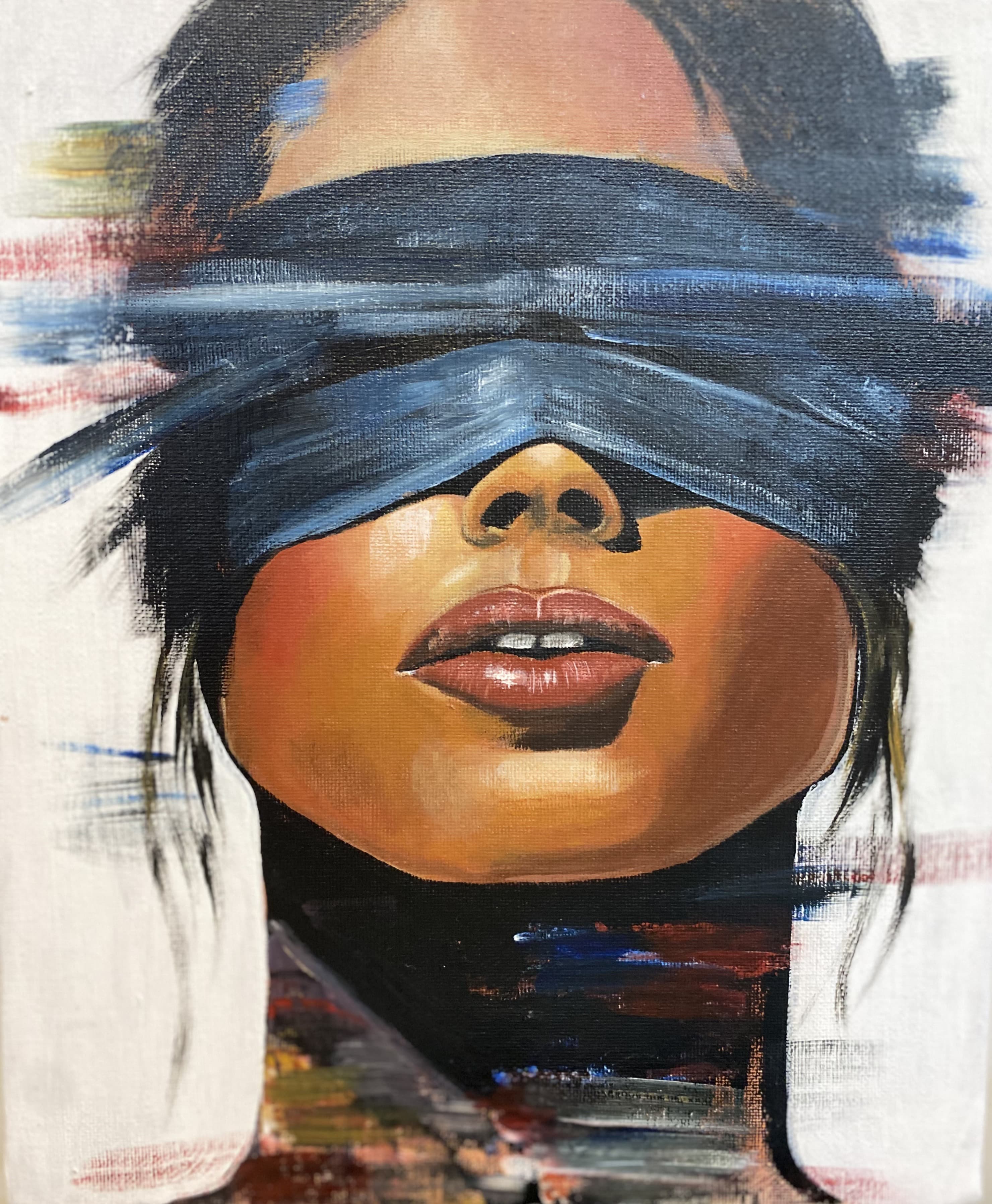 Portrait with blue blindfold, focused on the mouth
